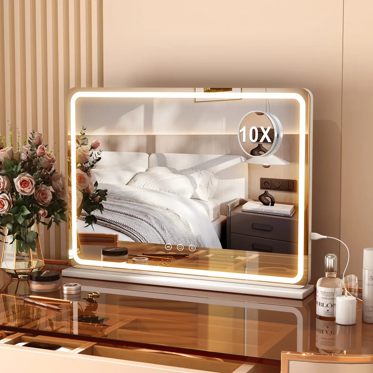 Grand miroir de maquillage LED blanc, 80 cm