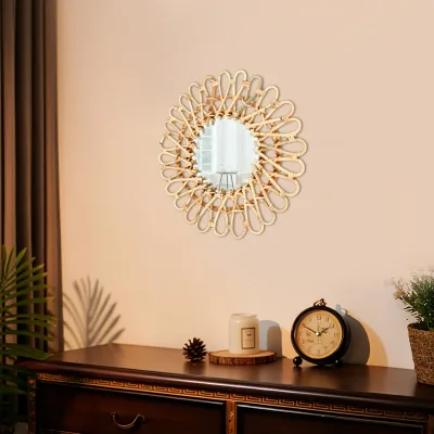 Miroir mural rond en rotin, couleur bois, 40 cm