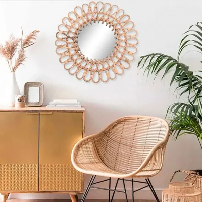 Miroir mural rond en rotin tressé, 40 cm